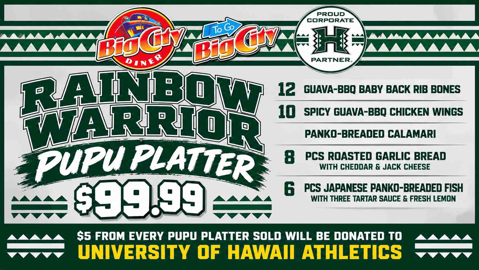 Rainbow Warrior Pupu Platter at Big City Diner featuring Guava-BBQ ribs, chicken wings, calamari, garlic bread and panko-breaded fish.